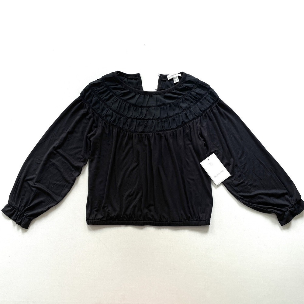 Calligraphie Womens Size Small Black Boho Blouse Long Sleeve Ruffle Yoke Top NWT